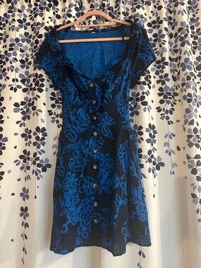 Free People Navy and Blue Floral Button-Front Linen Mini Dress